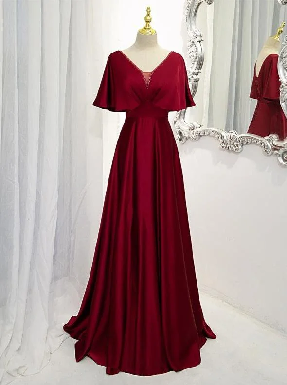 Easy Elegance Sales Dark Red Satin A-line Floor Length Evening Dress, Wedding Guest Dresses Y1439