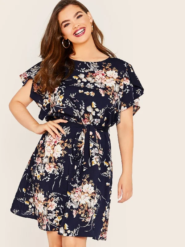 Seize Bargains Plus Floral Print Petal Sleeve Belted Dress