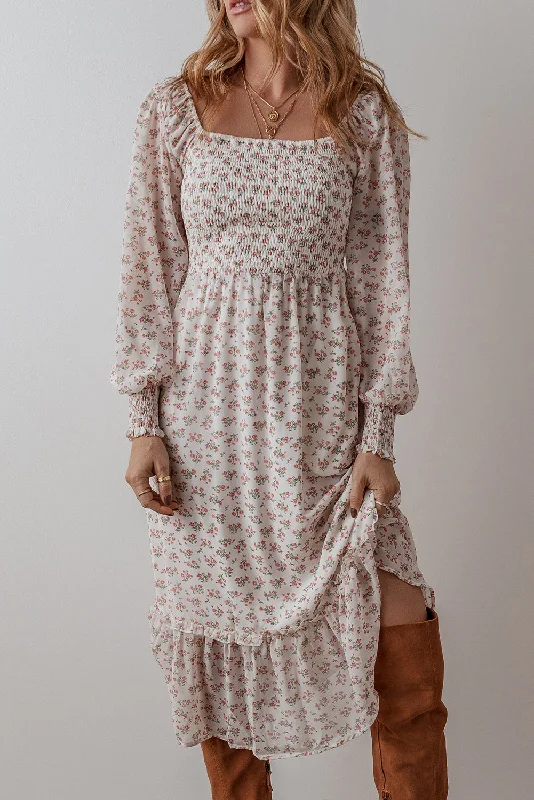 Stylish Statements White Floral Print Shirred Ruffled Hem Square Neck Midi Dress