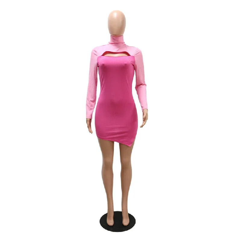 Discover Promotions Julia Fashion - Sexy Turtleneck Cut Out Color Blocking Mini Dress