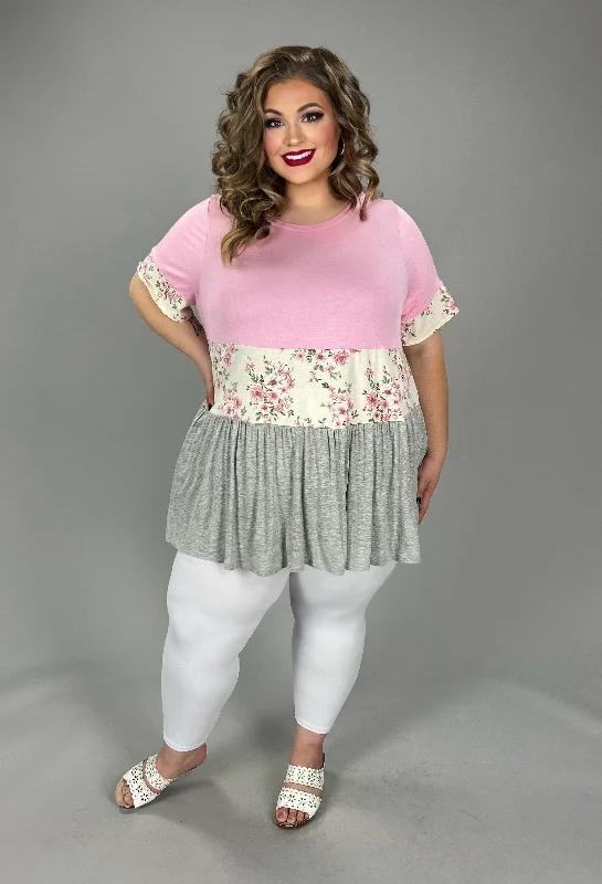 Street Style Fashion 40 CP {Ideal Situation} Pink/H. Grey Tunic w/Floral Contrast CURVY BRAND!!!  EXTENDED PLUS SIZE 3X 4X 5X 6X
