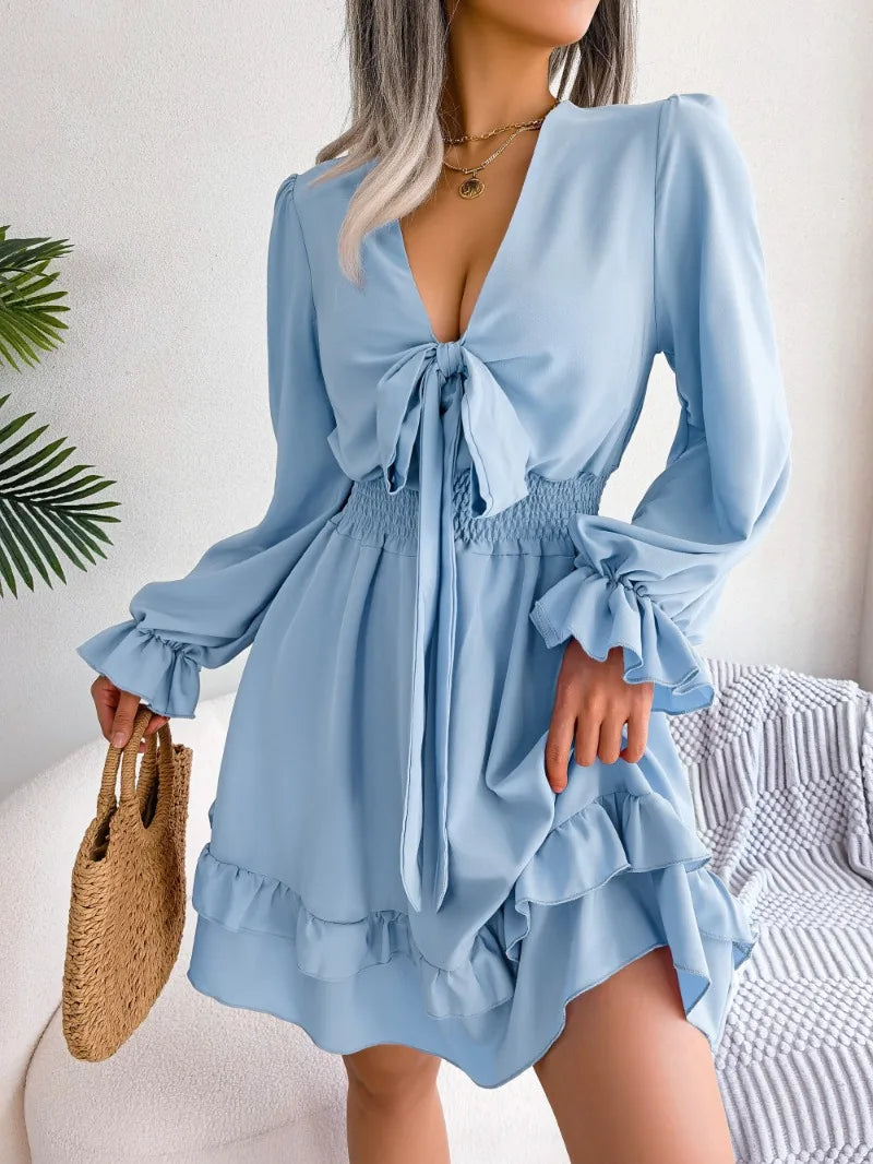 Travel Essentials Elegant Full Flare Sleeves Summer Women's Spring Casual Lace up Bow Elastic Waist Swing Mini Dress