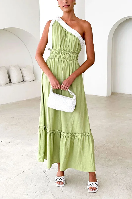 Cutting Edge Fashion Fashion Sleeveless One Shoulder Tie Elastic Neck Pleated Maxi Dress