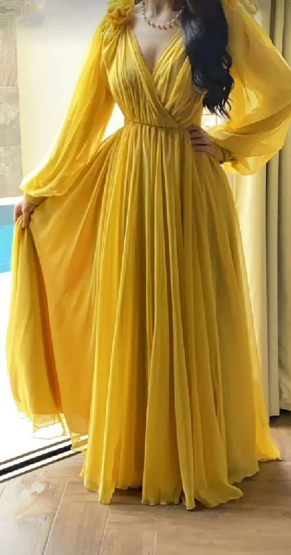 Luxury Fashion Yellow A-line V Neck Long Sleeves Prom Dress,Yellow Wedding Guest Outfit Y5792