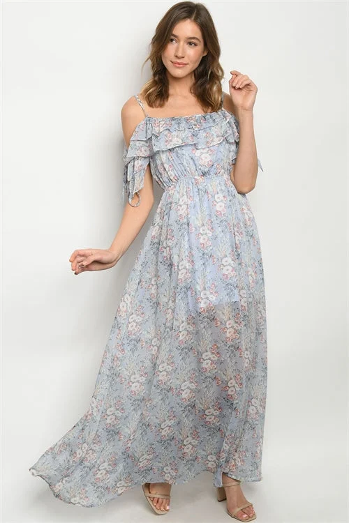 Free Spirited Fashion Blue Floral Cold Shoulder Maxi Dress