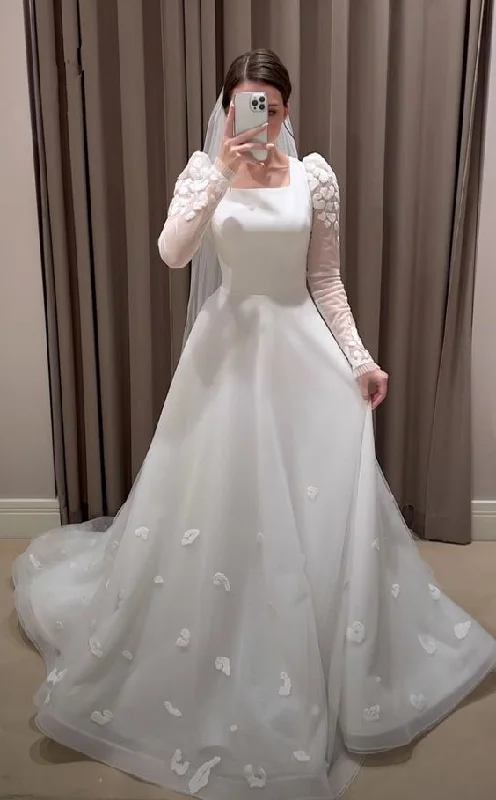 Unleash Your Style Modest White A-line Long Sleeves Wedding Dress,White Bridal Dress  Y6729