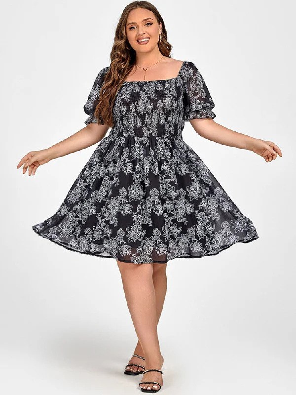 Vintage Style Deals Plus Black Floral Square Neck Puff Sleeve Midi Dress