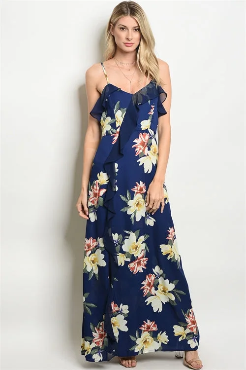 Stylish Women's Apparel Navy Blue Floral Ruffled Maxi Dress