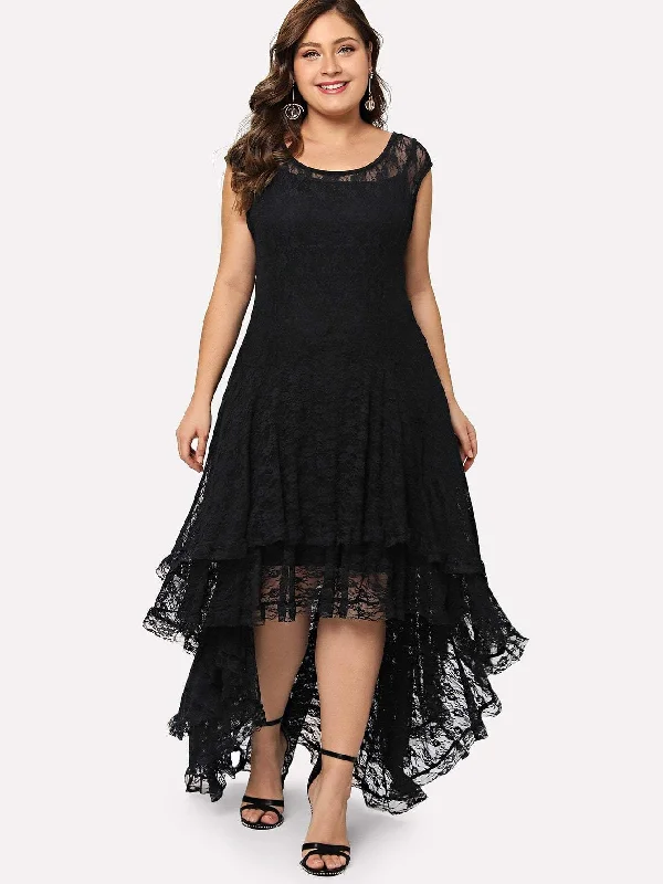 Sale Event, Prices Rock  Plus Dip Hem Layered Floral Lace Dress