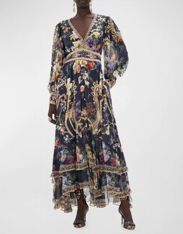 Winter Warm - Up Sale Long Button-Front Tiered Silk Dress In Play Your Cards Right Multi