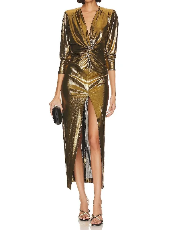 Women's Stylish Outdoor Outfit Sharp Shoulder Twist Dress In Gold
