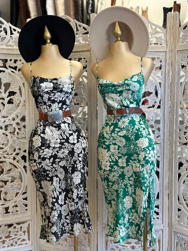 Best Deals Of The Season Cowl Neck Floral Midi Dress- Not Stretchy