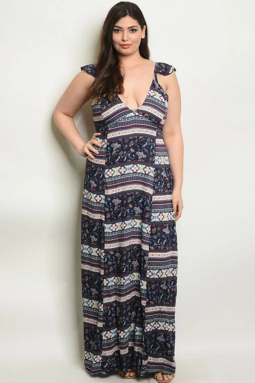 Luxe Women's Fashion Navy Blue Floral Plus Size Maxi Dress
