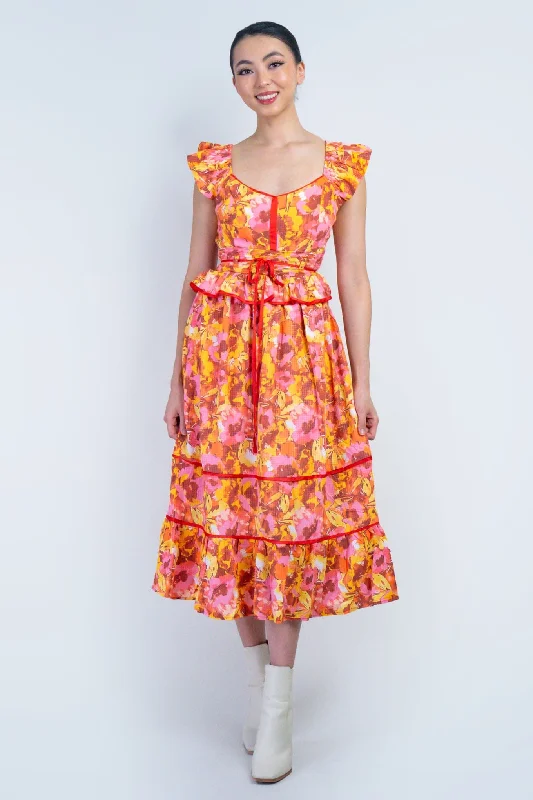 Popular Collection Multi Floral Red Piping Midi Dress