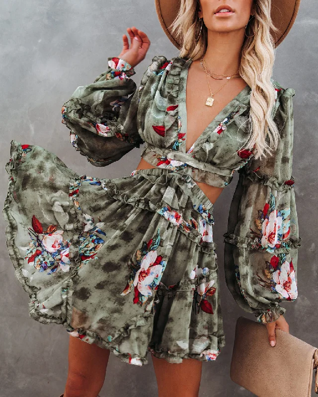 Versatile Women’s Fashion Zida Floral Ruffle Tiered Cutout Dress - Olive