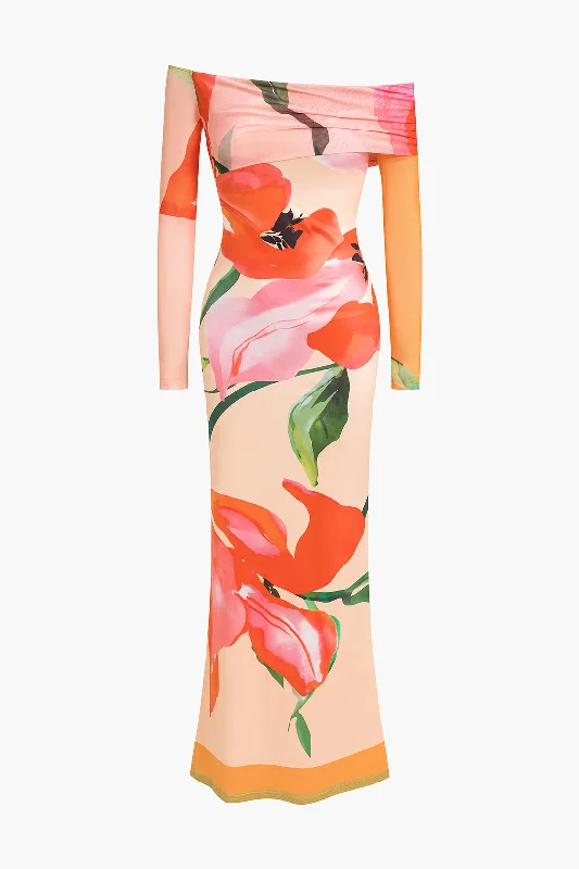 Sophisticated Street Style Offers Floral Print Long Sleeve Off-Shoulder Maxi Dress