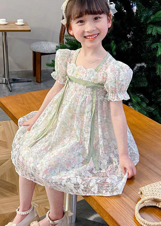 Stylish Women's Apparel Cute Light Green Print Patchwork Tulle Kids Girls Dresses Summer