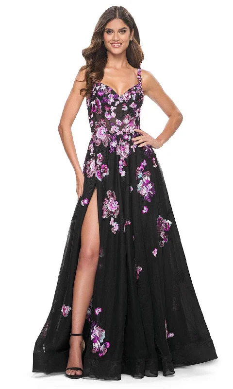 Urban Fashion La Femme 32030SC - V-Neck Floral Sequin Evening Gown