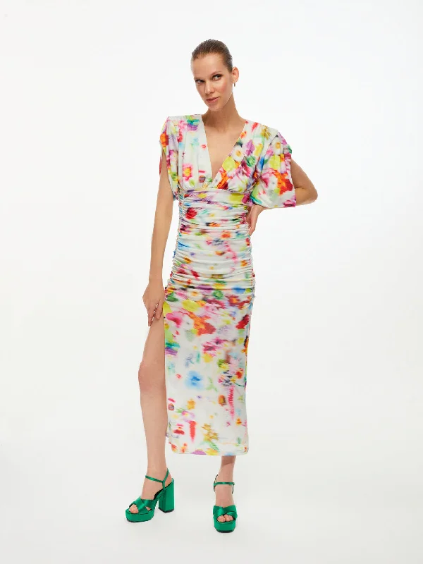 Graceful Movement Printed Shoulder Pad Draped Dress