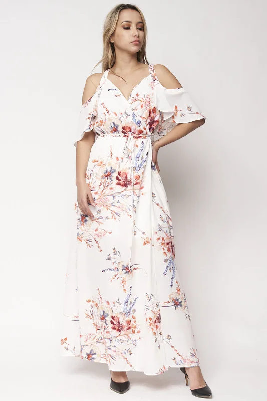 Current Trends Ivory Floral Cold Shoulder Wrap Maxi Dress
