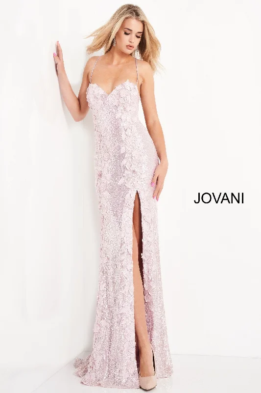 Fashion Sale Jovani 06109 Long Sequin Floral Applique Formal Prom Dress Slit Backless Pageant