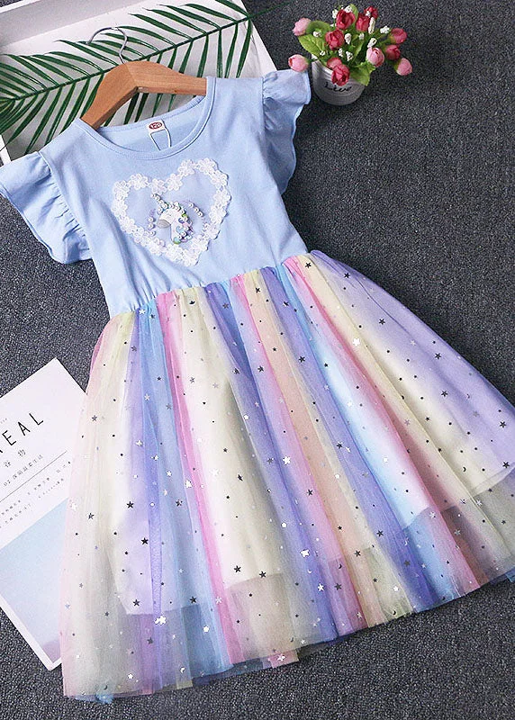 Holiday Gift Guide Sale Lovely Blue Ruffled Nail Bead Patchwork Tulle Kids Girls Dresses Summer