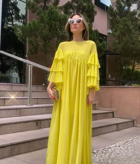 Discount Extravaganza Modest Yellow Chiffon Maxi Dress,Yellow Wedding Guest Dress,Yellow Prom Dress Y4743