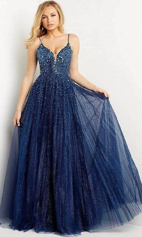 Step Ahead, Lead The Trend Jovani 08408SC - Glitter Plunged V-Neck Prom Gown