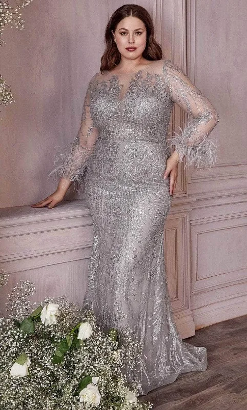 Rocker Chic Fashion Ladivine - Long Sleeve Trumpet Evening Gown CB090C - 1 pc Silver In Size 20 Available