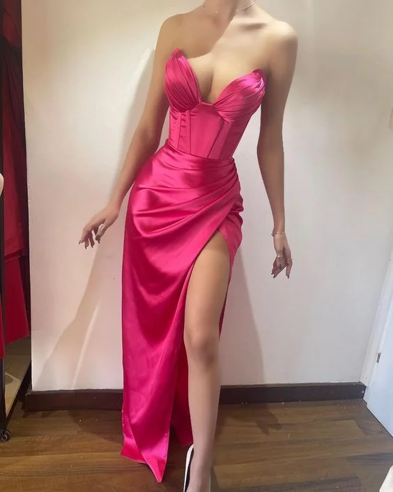 Elegant Fashion Offers Fuchsia Formal Evening Dresses for Women High Slit Long Wedding Guest Dress Y3091