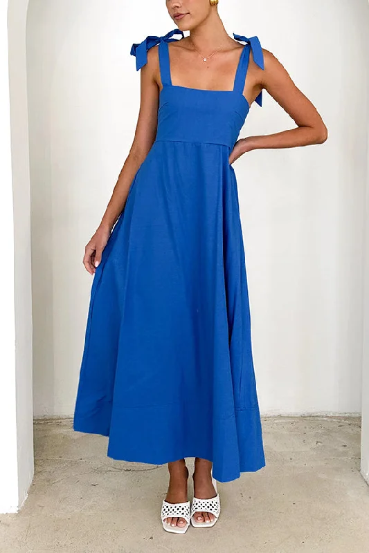 Timeless Elegance Redefined Solid Color Sling Lace-Up Backless Pleated Maxi Dress