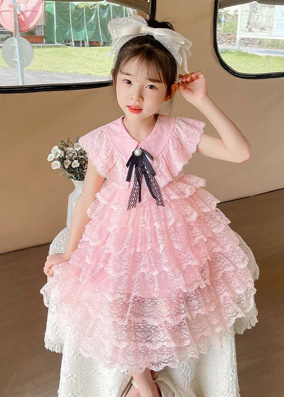 Minimalist Style Handmade Pink Ruffled Layered Patchwork Lace Kids Girls Dress Summer