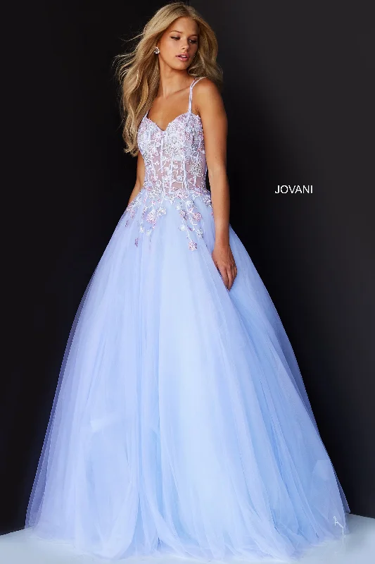 Unleash Your Fashion Jovani 06207 Lilac Prom Dress Ballgown v neckline Sheer floral corset bodice and tulle skirt