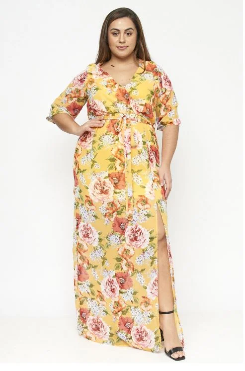 Colorful Clothing Yellow Floral Chiffon Plus Size Maxi Dress