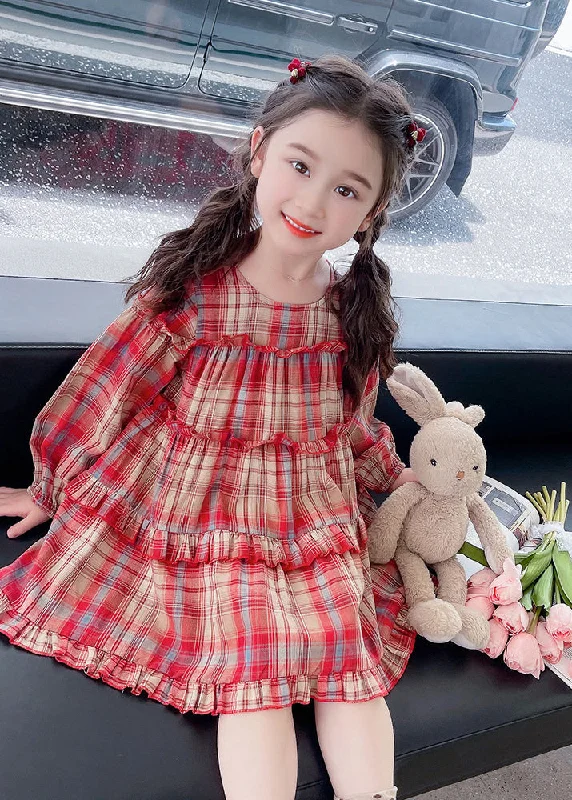 Chic Casual Style Style Red O-Neck Plaid Patchwork Girls Maxi Dress Long Sleeve