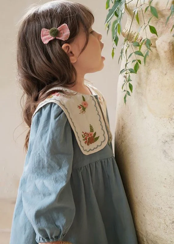 Flash Sale Event Fashion Blue Embroideried Patchwork Girls Long Dress Fall