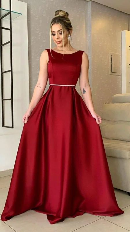 Trend Leading Collection Women's Scoop Satin Prom Dresses Long Burgundy Formal Evening Gowns for Wedding Y5148