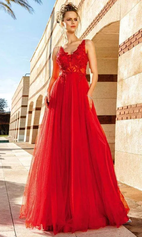 Enjoy Discount MNM Couture - Floral Embroidered V-neck A-line Gown F4884 - 1 pc Red In Size 2 Available