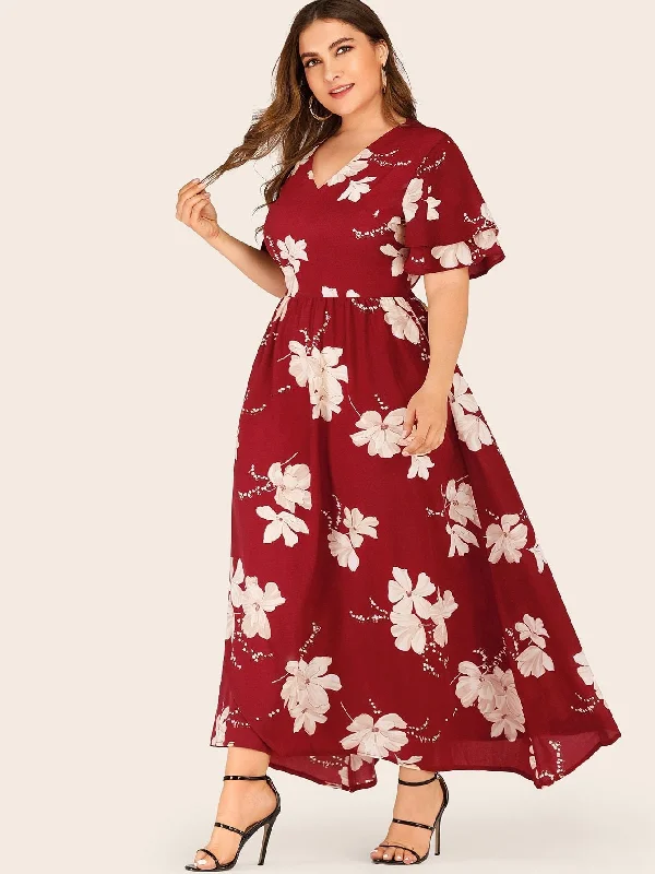 Effortless Style, Endless Impact Plus Large Floral Print Layered Sleeve Dress