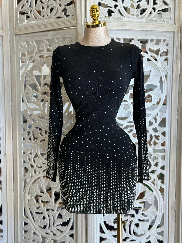 Special Offer For You Black Rhinestone Gradient Mini Dress- Stretchy,Estira