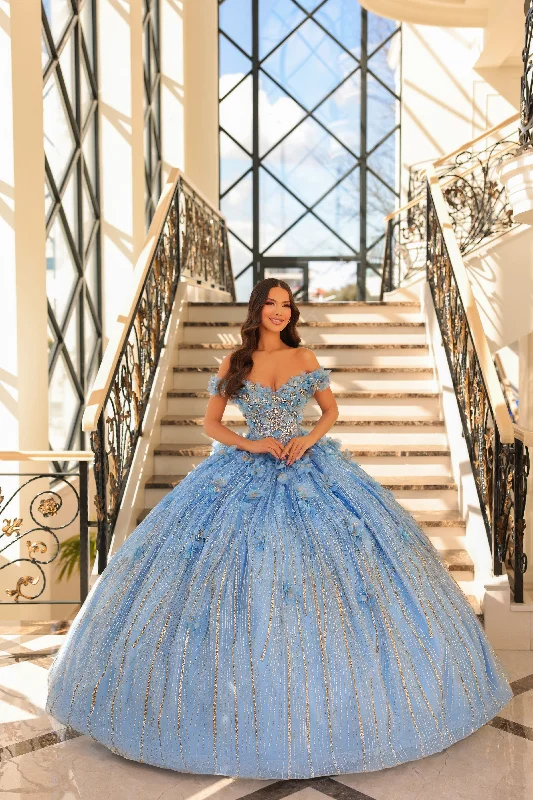 Luxury Casual Deals Amarra 54226 Size 6 Sky Blue Floral Quinceanera Dress Off the Shoulder Bow Ballgown Train Crystals Corset