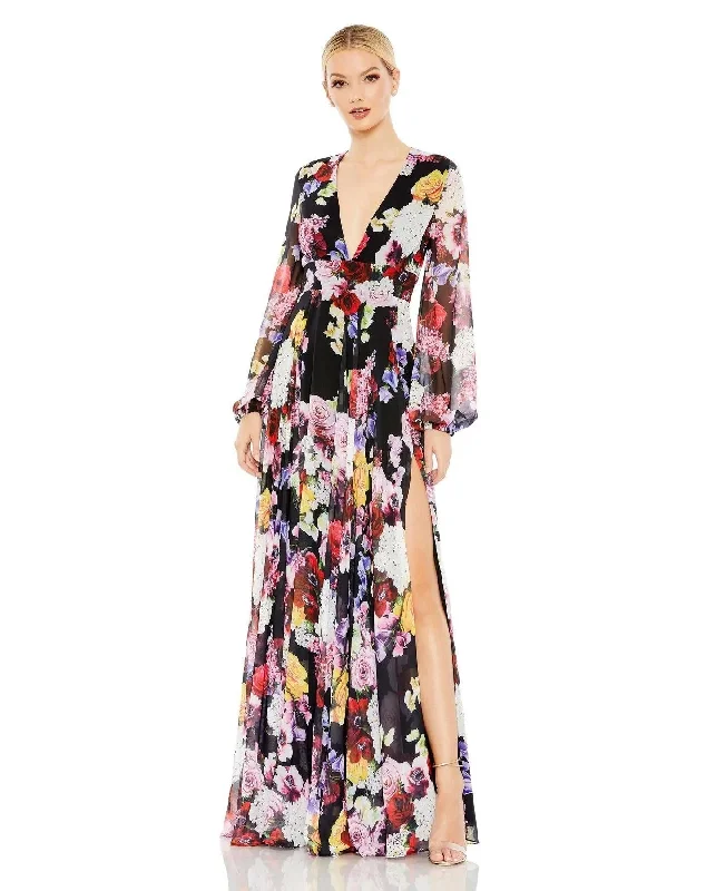 Daring Fashion Promotions Mac Duggal 55660 Long Sleeve Floral Chiffon Dress