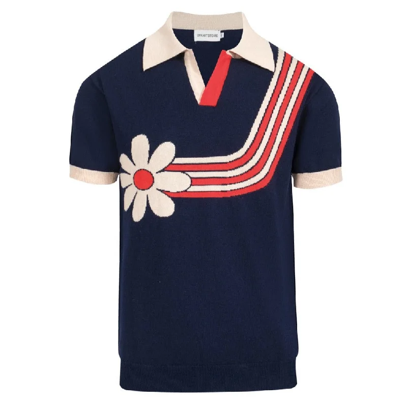 Summer Deals Men's dark blue striped floral knit polo shirt
