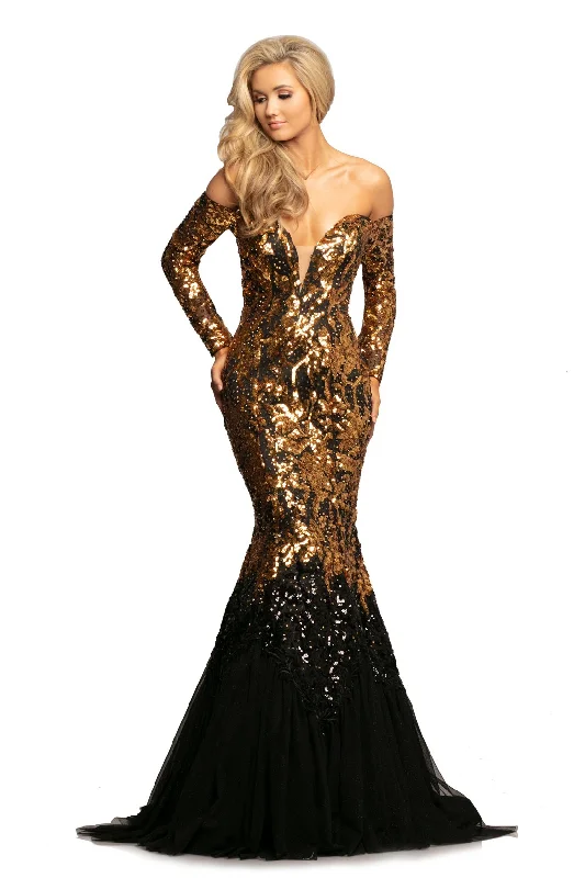Elegant Women’s Clothing Johnathan Kayne 2062 Gold Black size 8, 10 Evening Gown Off the Shoulder Sequin Mermaid Prom Dress Pageant Gown