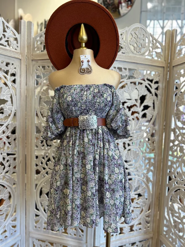 Discover Now Multi Color Off Shoulder Floral Smocked Dress- Stretchy