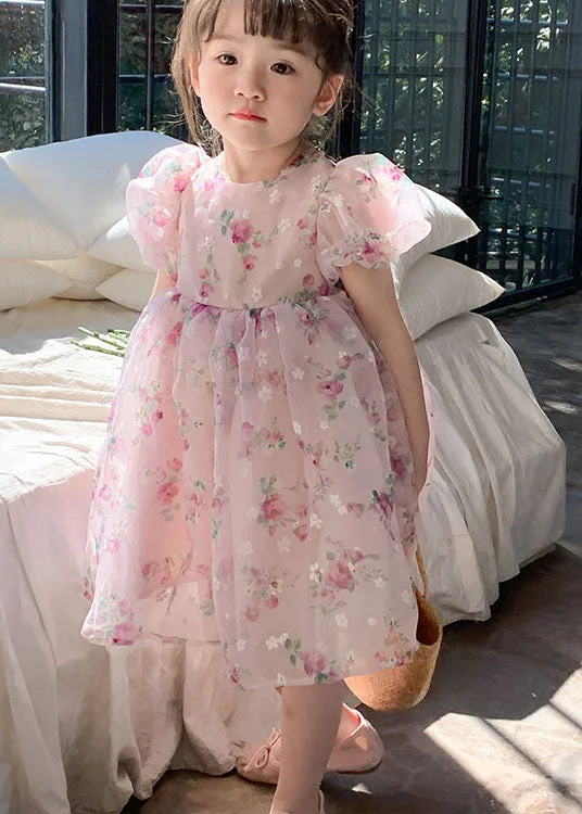 Current Trends Fashion Pink O Neck Print Wrinkled Patchwork Tulle Kids Girls Dresses Summer