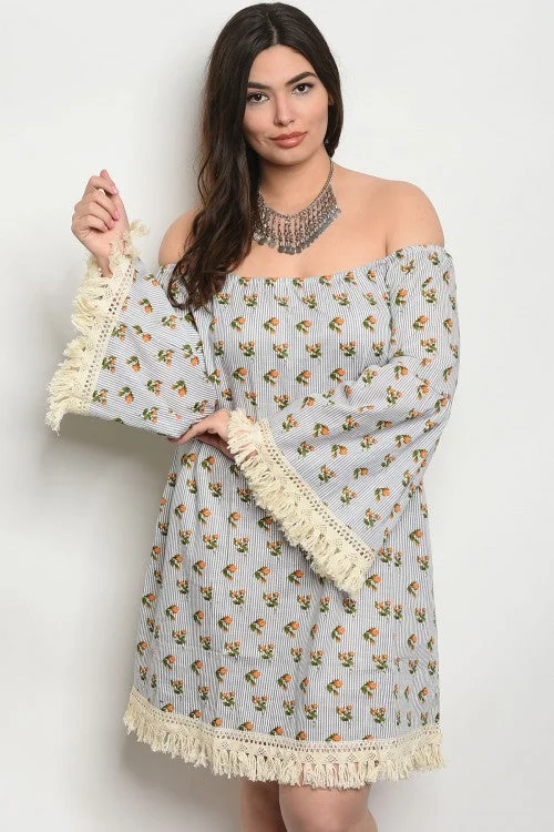 Trendy Street Style Clothing Gray Floral Stripe Off Shoulder Plus Size Tunic Dress