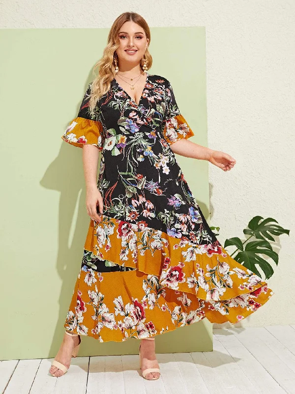 Style Redefined Plus Surplice Large Floral Print Layer Ruffle Hem Dress