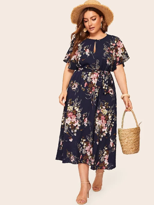 New Season Fashion Preview Plus Keyhole Front Floral Print Belted Dress