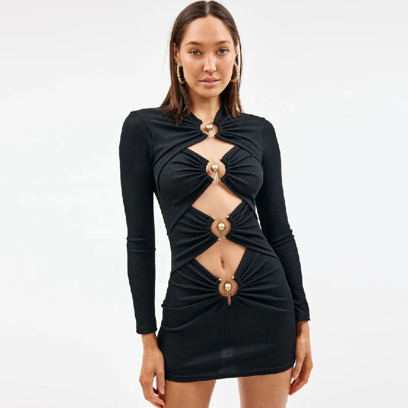 Stylish Dresses for Women Long Sleeve Bandage Party Mini Dress - Black